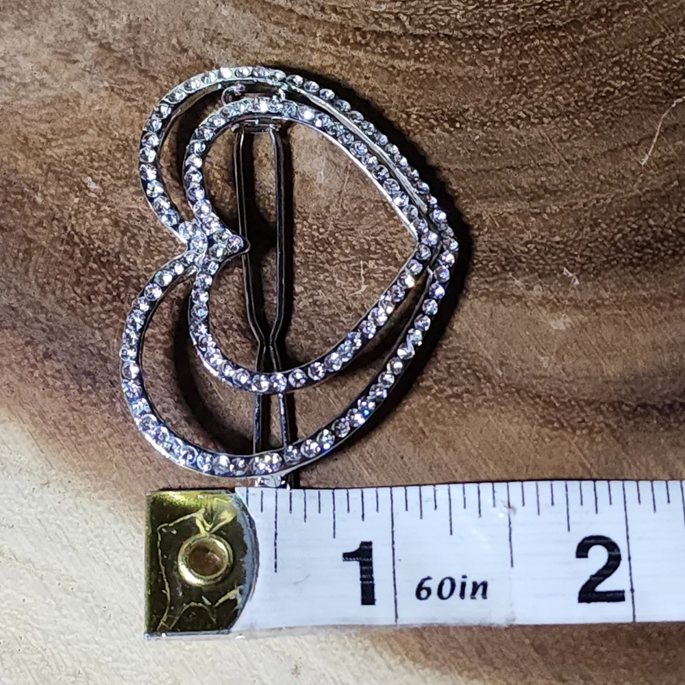 Elegant Hair Clip or Barrette with Silver Tone, Crystal Encrusted Double Hearts